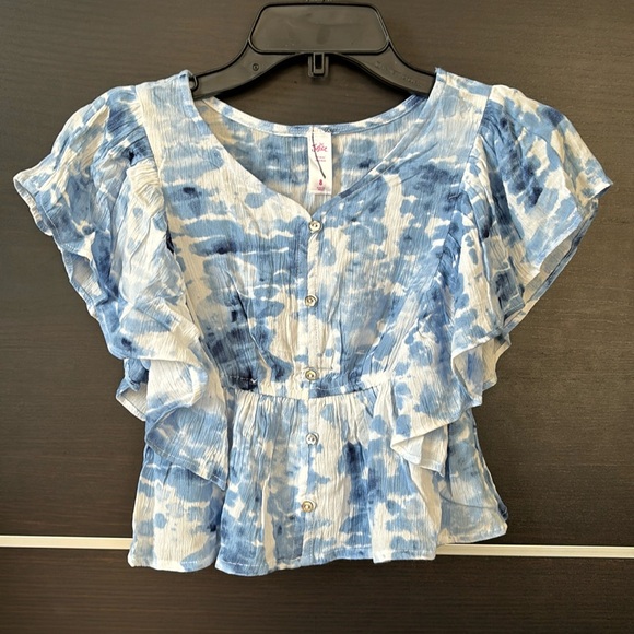Justice Girls Blue and White Short Sleeve Ruffle Detailing Top - Picture 2 of 12